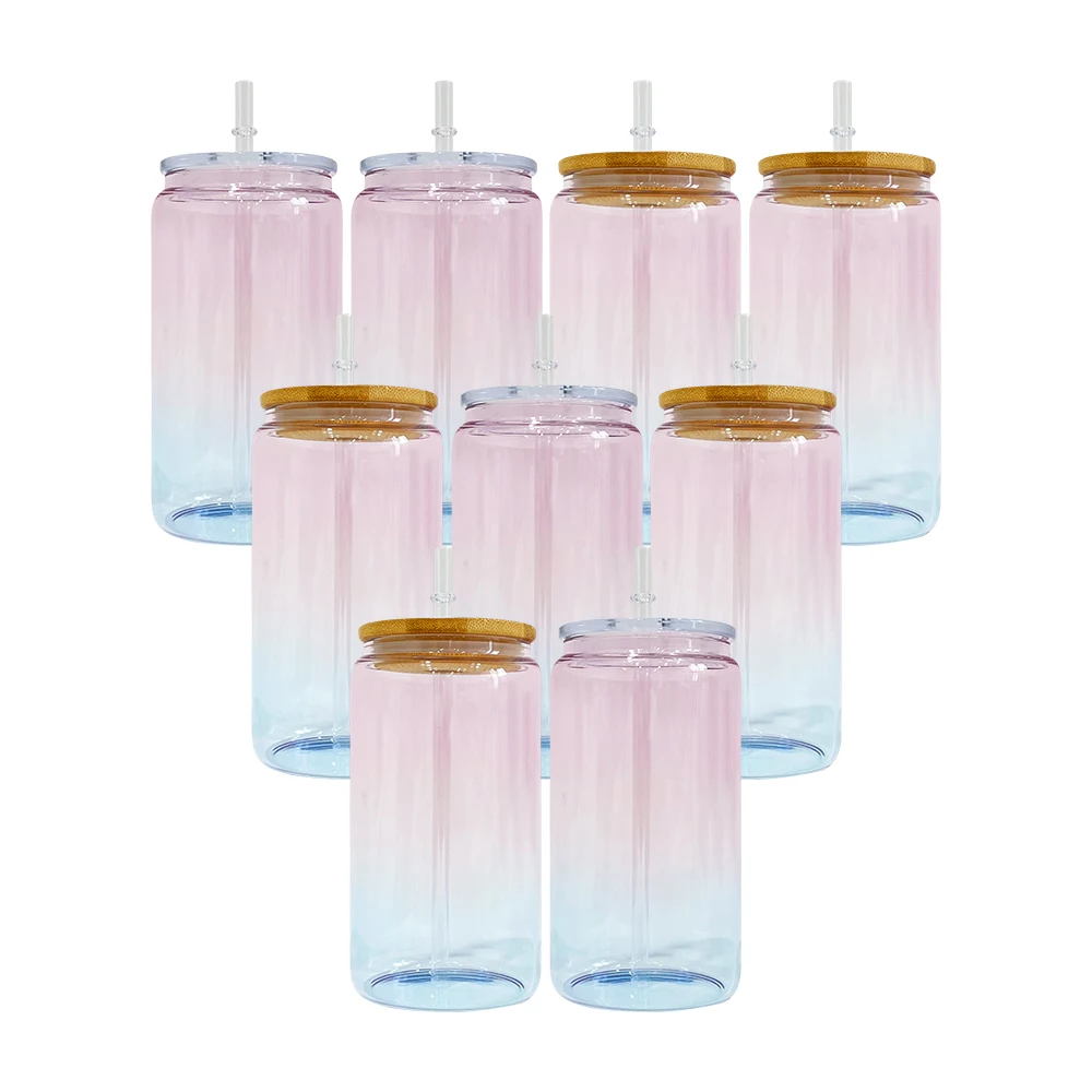 16oz Clear Ombre Crystal Ocean Drinking Glasses pink blue colored gradient glass mason jar blank sublimation glass can