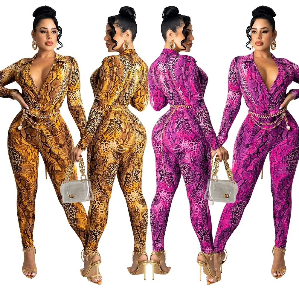 KX-OS6240  New stylish sexy v neck women fall jumpsuit snake printed long sleeve one piece jumpsuit women jumpsuit 2021
