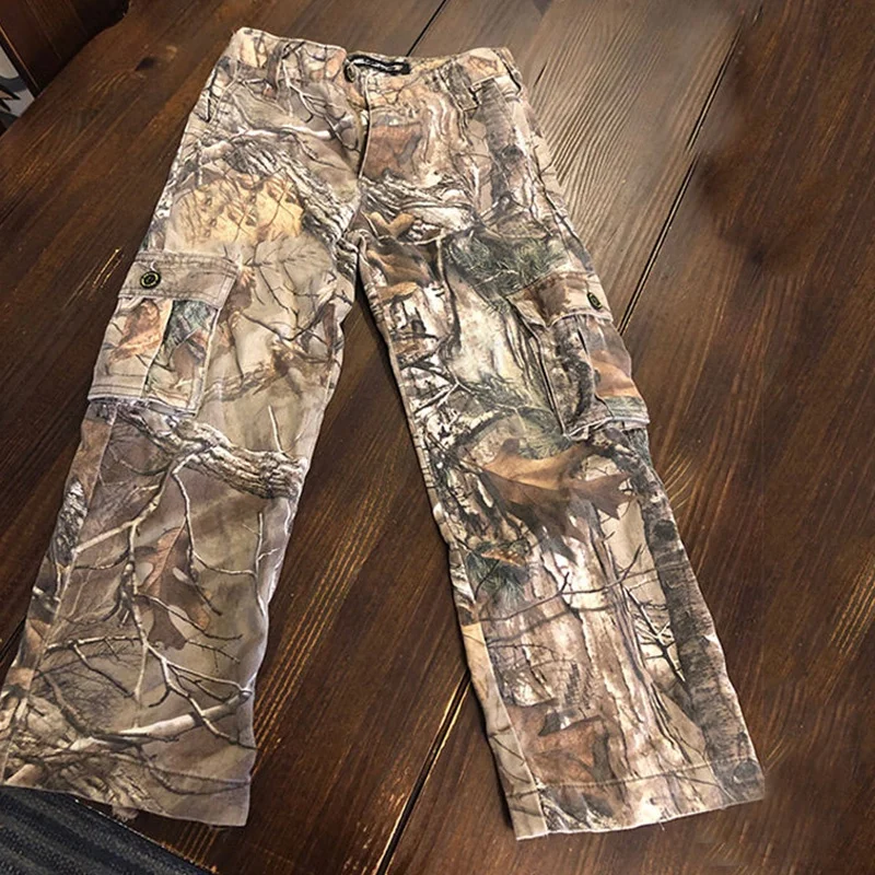 Custom wholesale straight leg ripped digital print utility cargo jeans heavyweight vintage tree camo baggy jeans