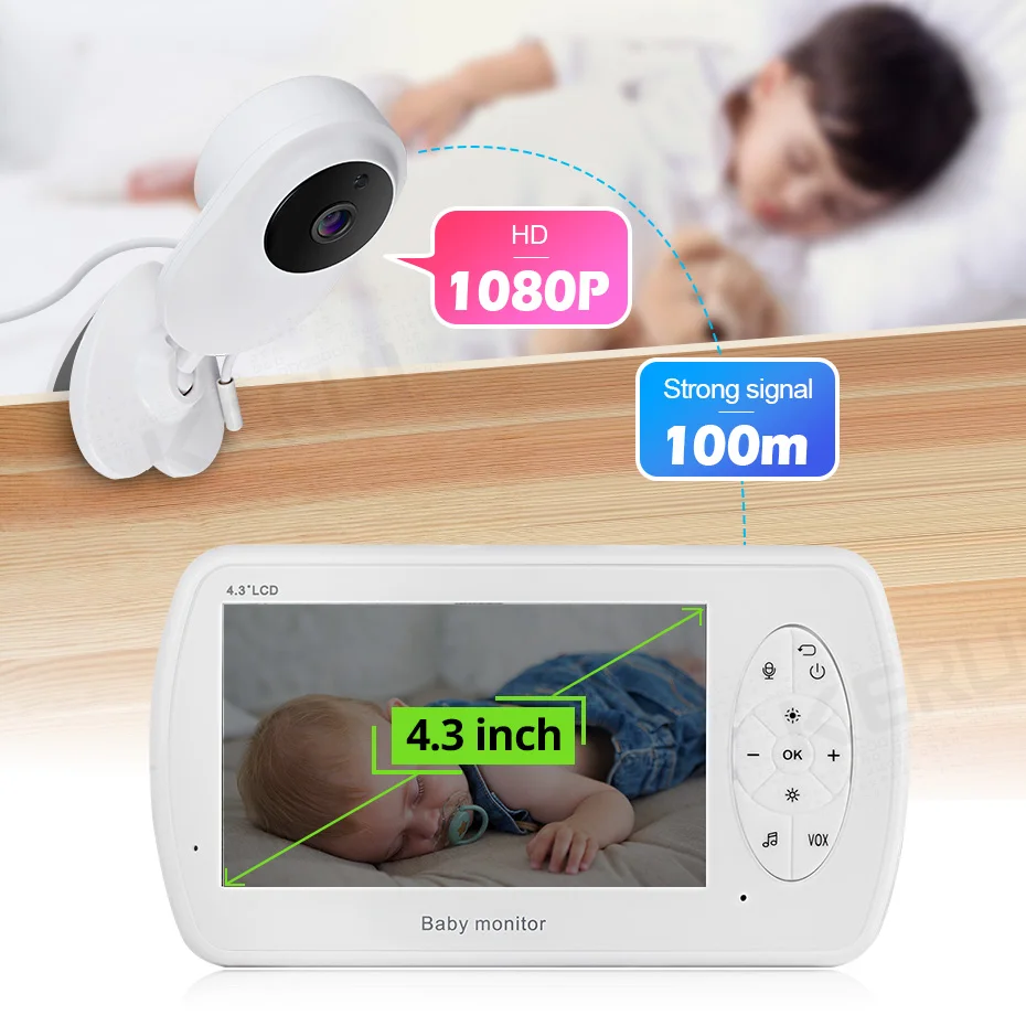 
KERUI 4.3 inch Screen 2MP 1080P Wireless Video Nanny Baby Monitor With Camera Security Babyfoon Temperature Monitor Night Vision 