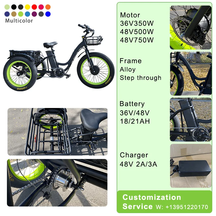 200Kgs Load 3 Wheel Fat Tire Electric Cargo Bike Tricycle Trike 48V 500W 750W 24 Inch Electric Bicycle Electric Cargo Bike