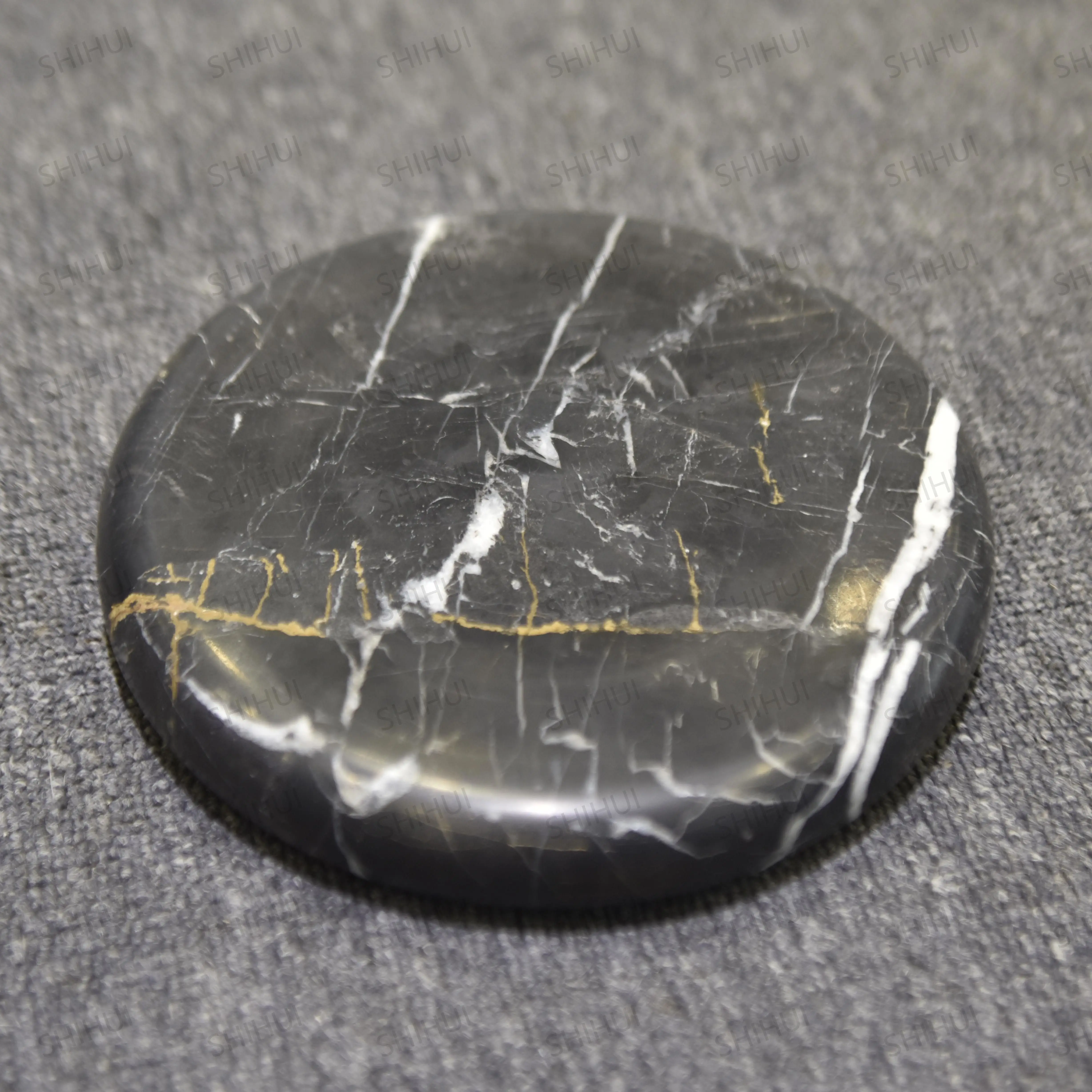 SHIHUI Wholesale Natural Stone Marble Decoration Craft Ornaments Round Shape Black Marble Bathroom Serving Tray