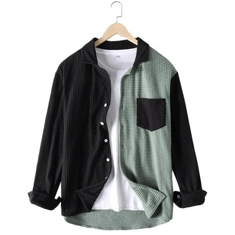2022 Autumn Mens Contrast Patchwork Shirt Casual Corduroy Youth Premium Top Streetwear Men Lapel Pocket Long Sleeve Shirt