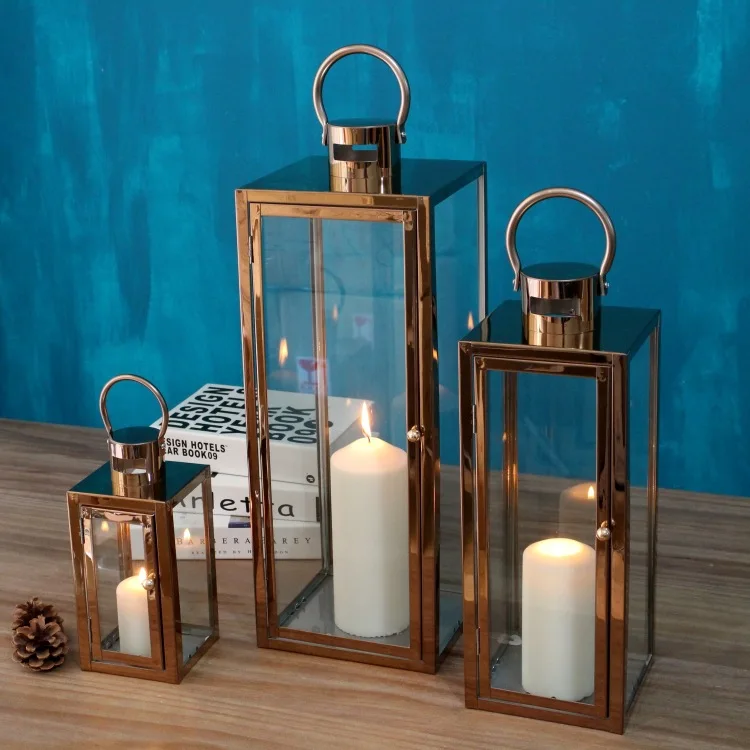 High quality classic home decor luxury lantern candle lantern large decoration rose gold and sliver masterpiece home decor S/3