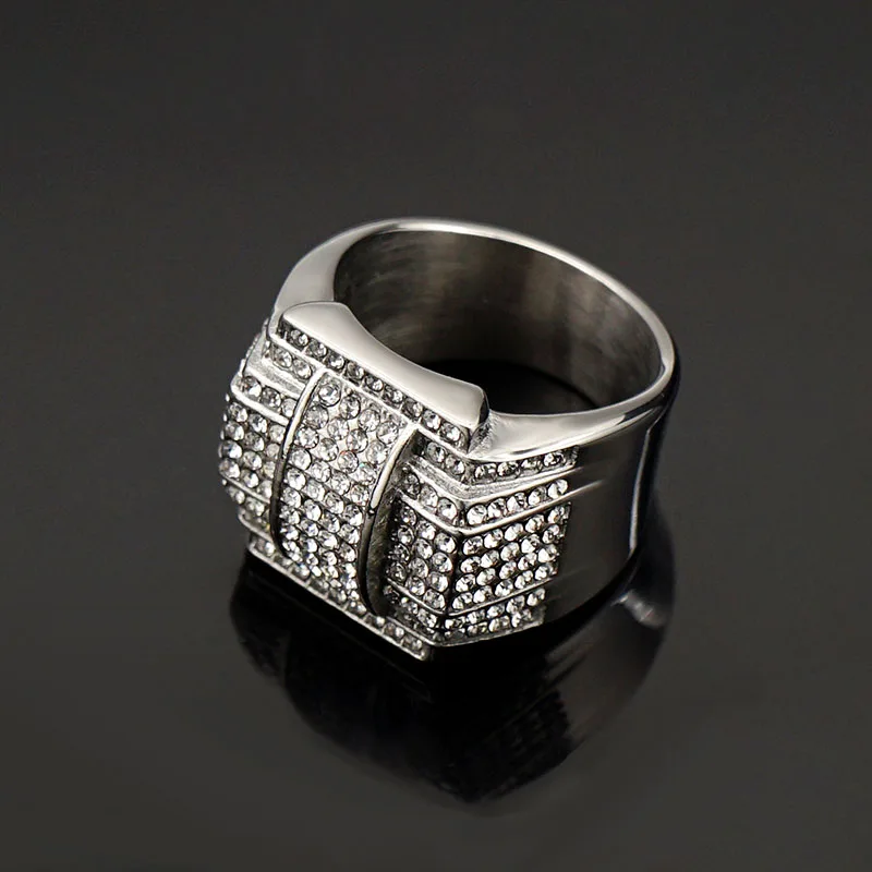 Ouj Ready to Ship Hip Hop Jewelry Pave Rhinestone 20mm Wide Band Egyptian Cross Designs 316L Stainless Steel Ring For Men