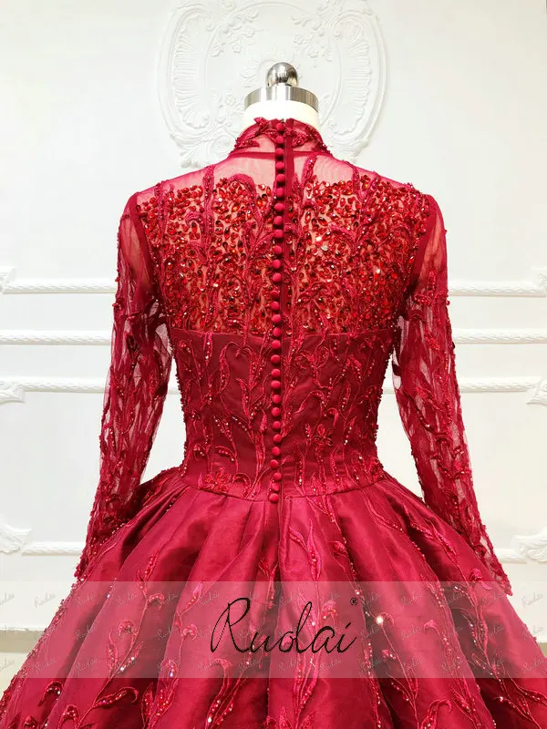 Ruolai OEV-L4013 Luxury Muslim Arabic Long Sleeves Beaded Crystal Engagement Dress Ball Gowns wedding dresses turkey istanbul