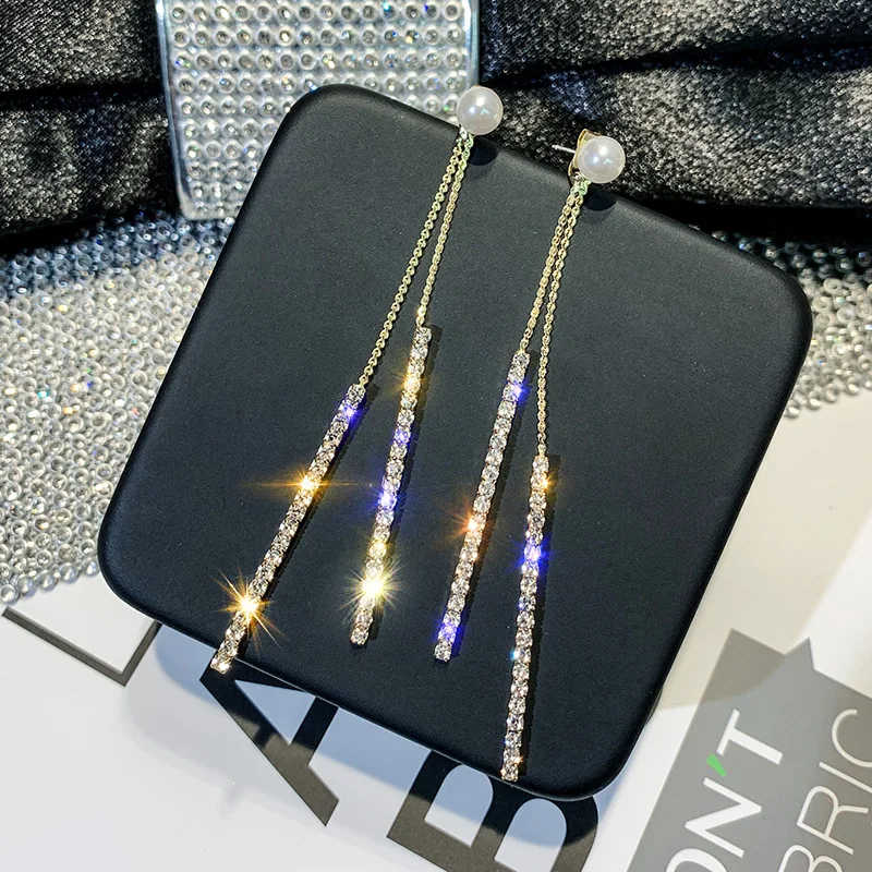 Silver Fashion New Jewelry Simple Tassel Ms. Striped Pearl Inlaid Zircon Drop Earrings