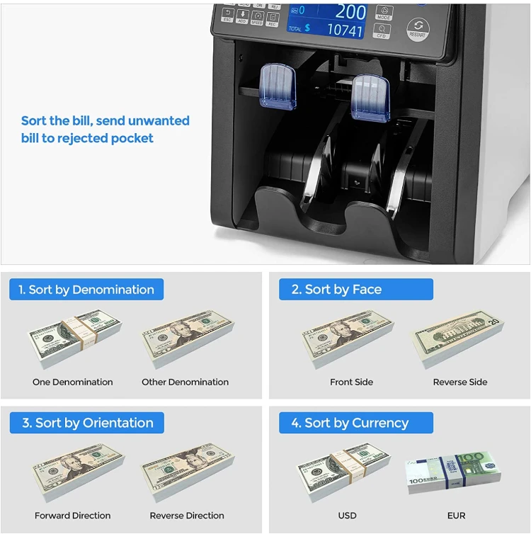 Basic Sorting 2 CIS Multi Language Interface RS-232 USB Support Currency Counter Sorter with Reject Pocket