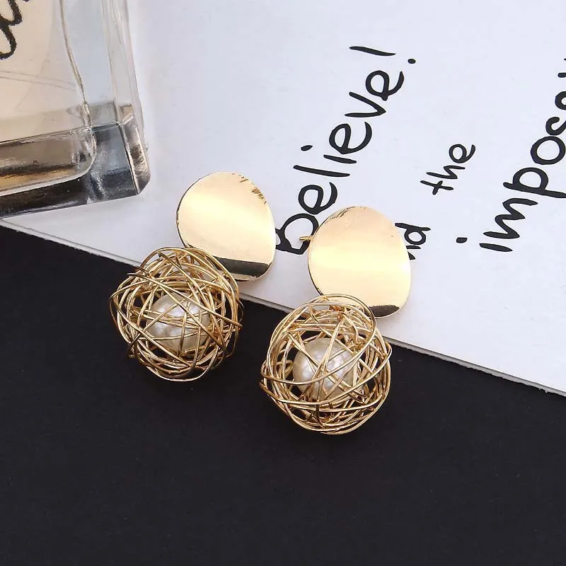 Fashion Retro Geometric Simple Woven Ball Pearl Stud Earrings Metal Women Jewelry Wholesale
