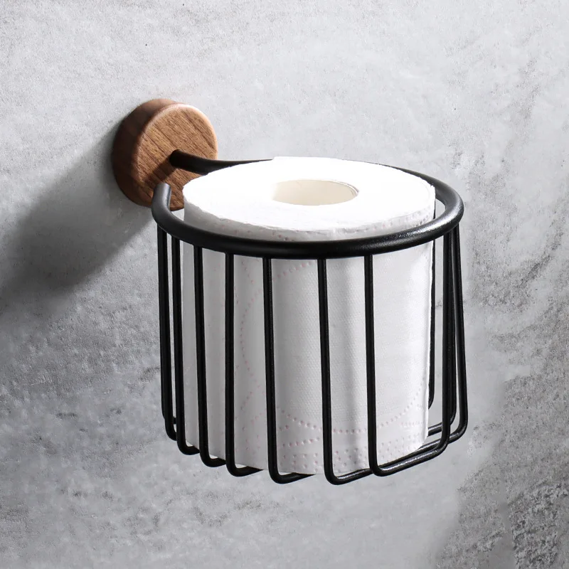 Self-adhesive Tissue Holder with Walnut Wood Phone Shelf Matte black Aluminum Rod Bathroom Toilet Paper Holder