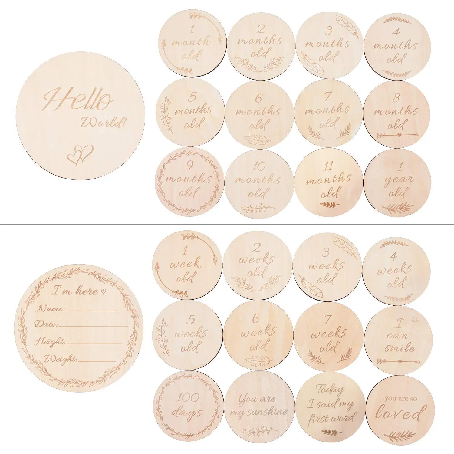 4 Inch Baby Monthly Milestone Wooden Discs 13 Double Sided Cards Newborn Photo Props Welcome Announcement Birth Gift Age Blocks