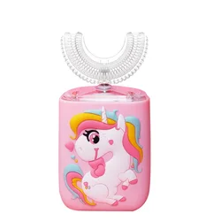 Unicorn Age 2-12 Waterproof Ultra Sonic 6 Brush Cleaning Modes 360 Degree U Shape Electric Toothbrush For Kids With Smart Timer