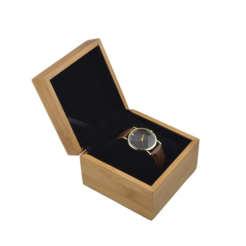 Bamboo Single Watch Box Square Wood Gift Case for Watch with Pillow for Jewelry Storage Display and Packaging