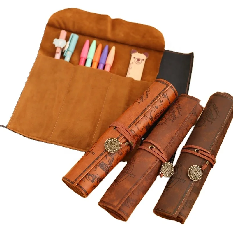 Vintage Creative Retro Luxury Treasure Map Pencil Cases Roll Hot Selling Leather Pen Pouch