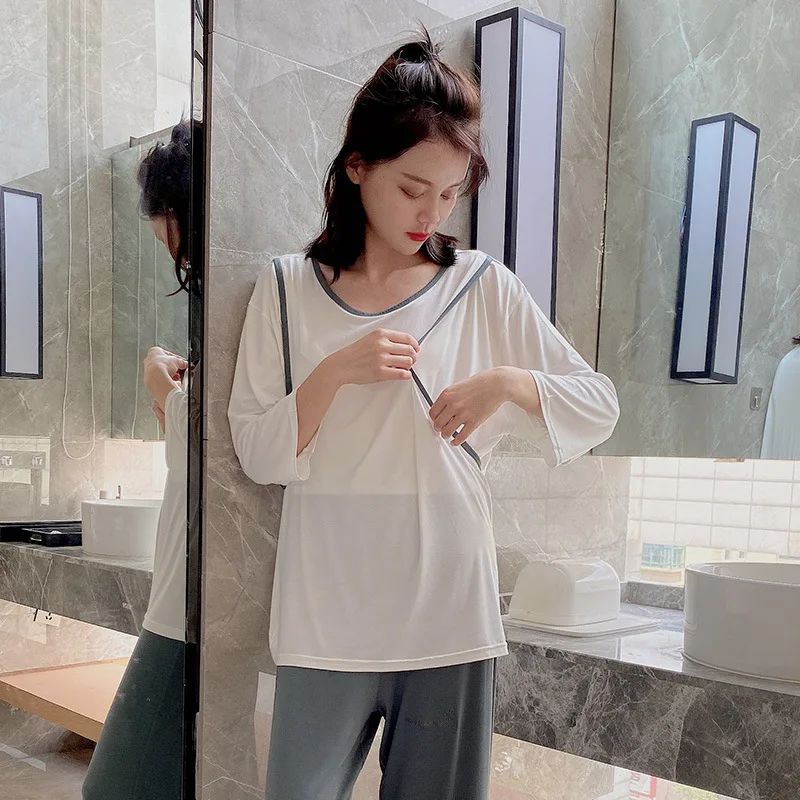 Modal Breastfeeding Maternity Pajamas Sets Pregnant Women Clothing Sleepwear Long Sleeve Top +Pants Nursing Nightgown