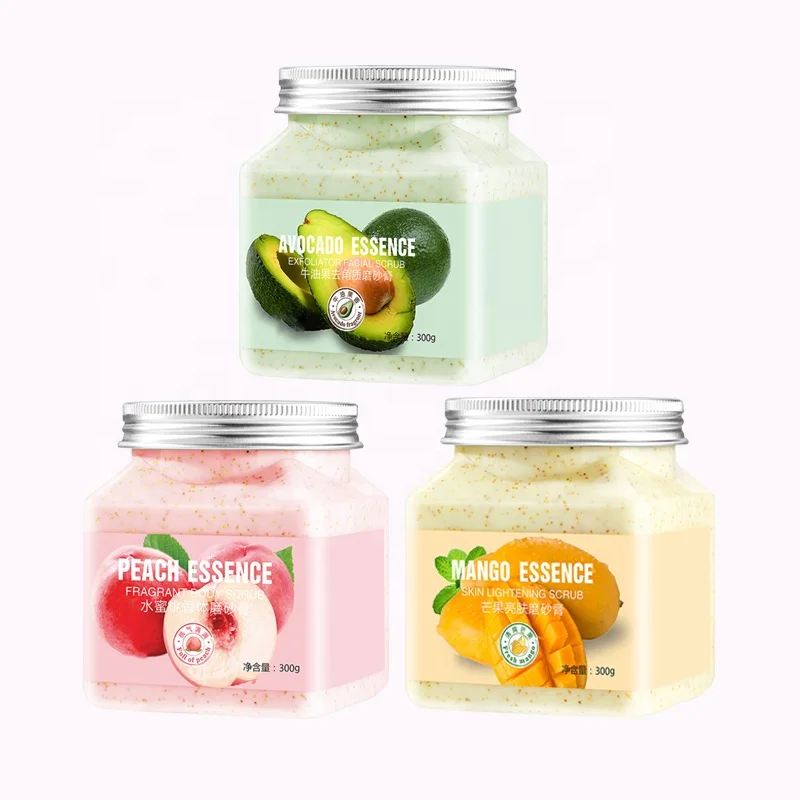 Hot Sales 300g Natural Organic Facial Body Care Deep Cleaning Exfoliating Peach Mango Avocado Essence Scrub