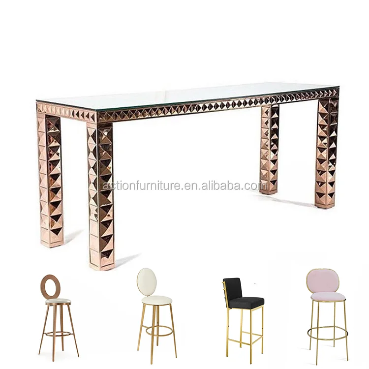 Antique Metal Restaurant Bar Reception Table Counter Table Stainless Steel With Mirror Glass Top Wedding Bar Table And Chairs