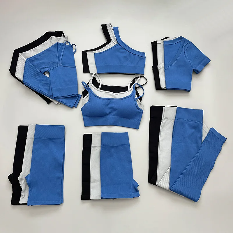 Ribbed Top Women Gym Shorts Sports Set Seamless Bra Sporty Leggings Outfit Suit Fitness Workout Clothes Yoga Wear 2023