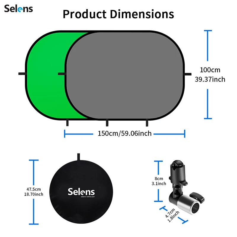 Selens Green Grey 100x150cm Photo Backdrop Screen Chromakey Pop Up Collapsible Background With Holder for YouTube Photo Studio