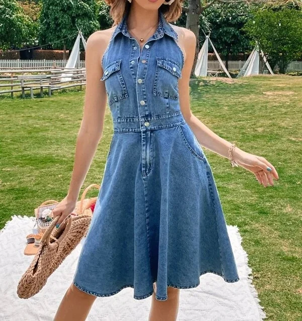 Trendy New Women Flap Pocket Backless Halter Denim Dress Ladies Jeans Dresses