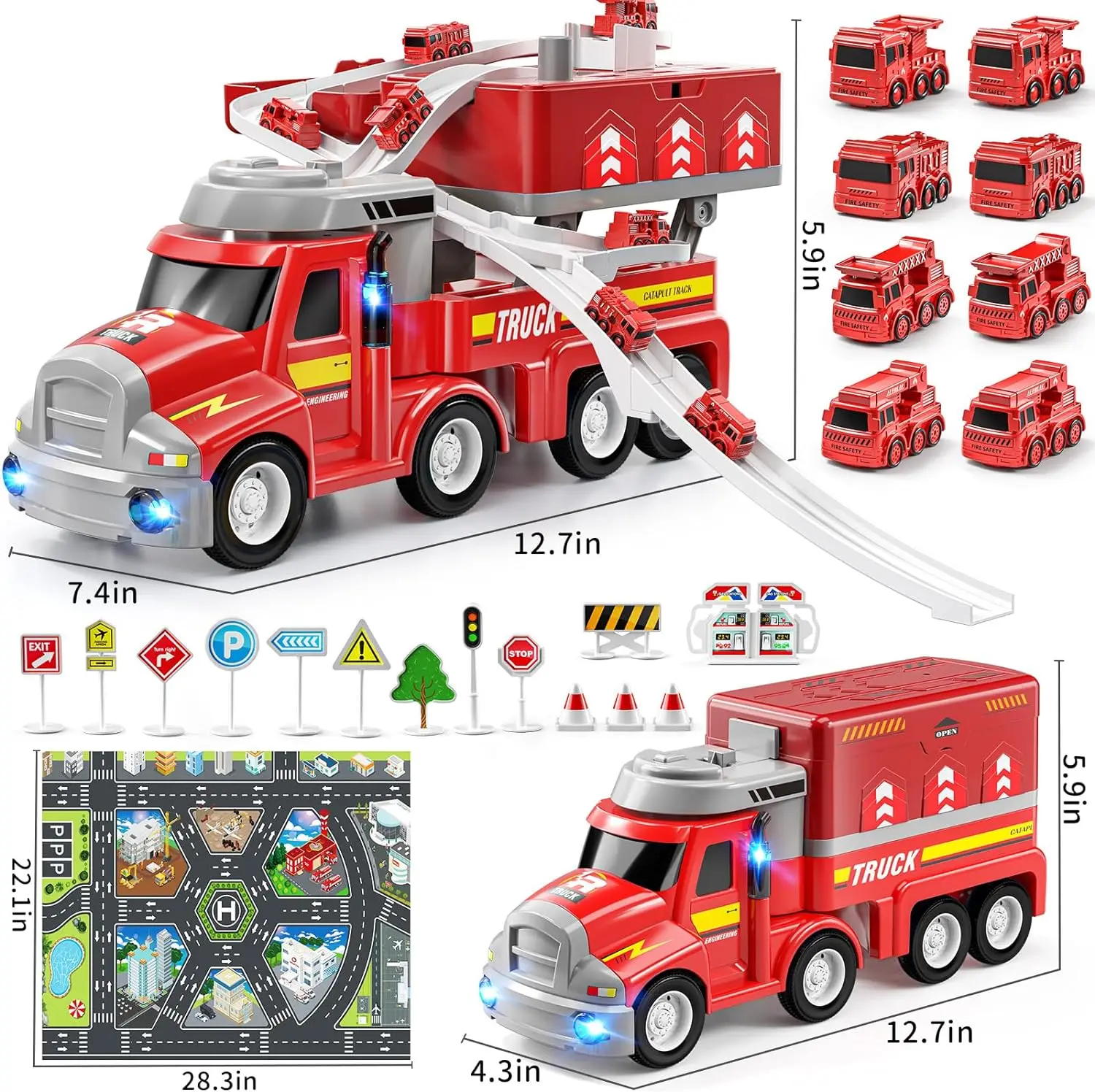 TEMI Fire Truck Kids Toys for 3 4 5 6 Year Old Boys, Car Carrier Toy with 8 Mini Vehicles, Movable Truck Station Toys Race Track