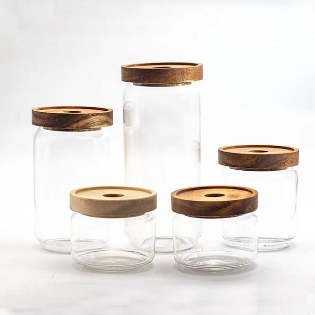 
kitchen wood lid cylinder glass food for preserv storage glass jars 