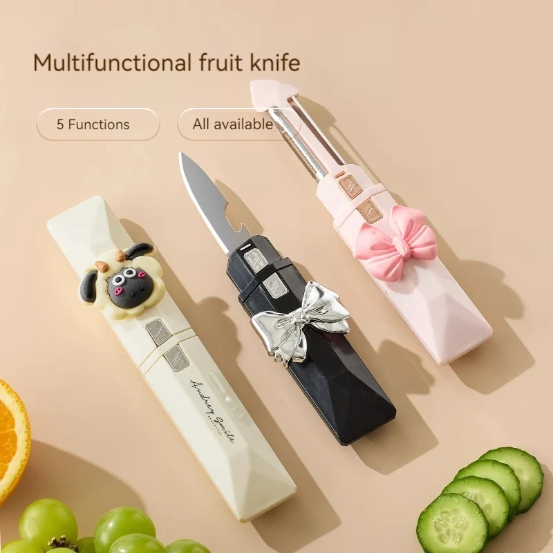 High quality Sheep baa silver bow 2 fruit knife peeling knife 2-in-1 with a scraper to fold double-headed multi-functional portable apple