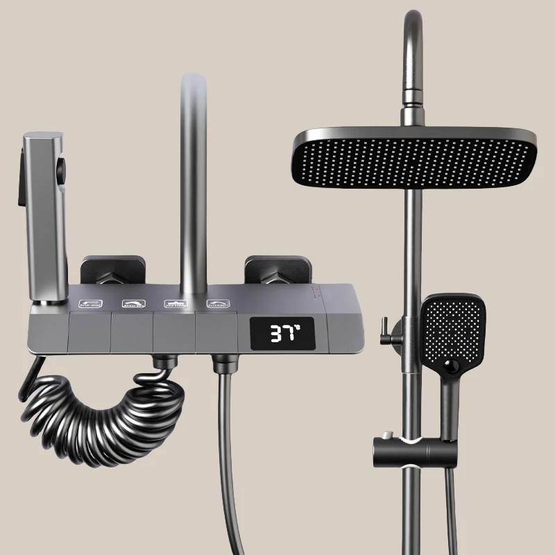 Black Gun Gray Piano Shower Set 4 Functions Rainfall Shower Head Bathroom Shower System With Temperature