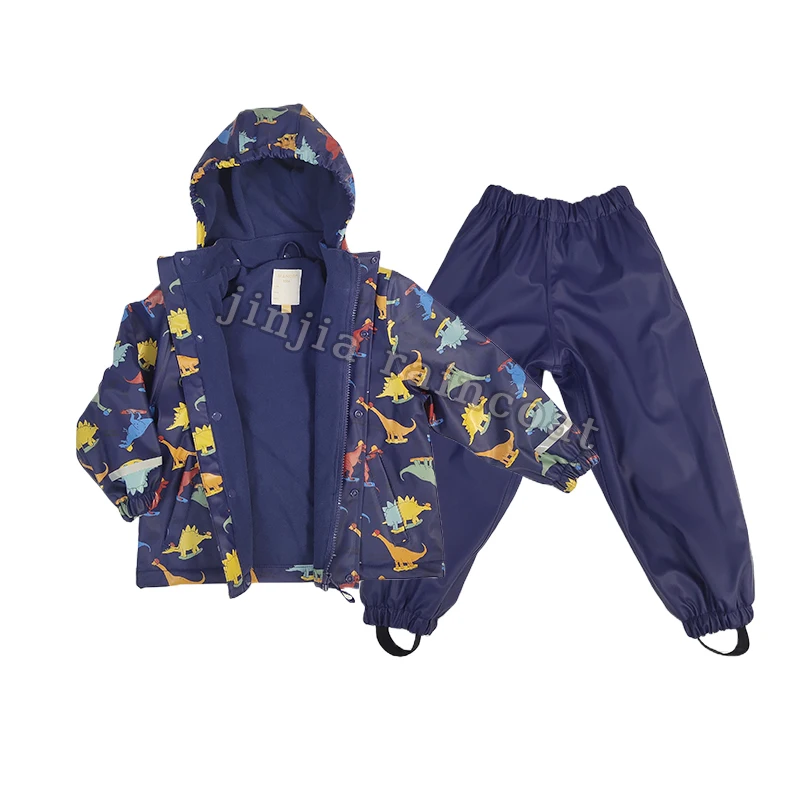 PU waterproof toddler 2 piece hooded rain suit baby rain jacket with bib pant PU rain suits for kids