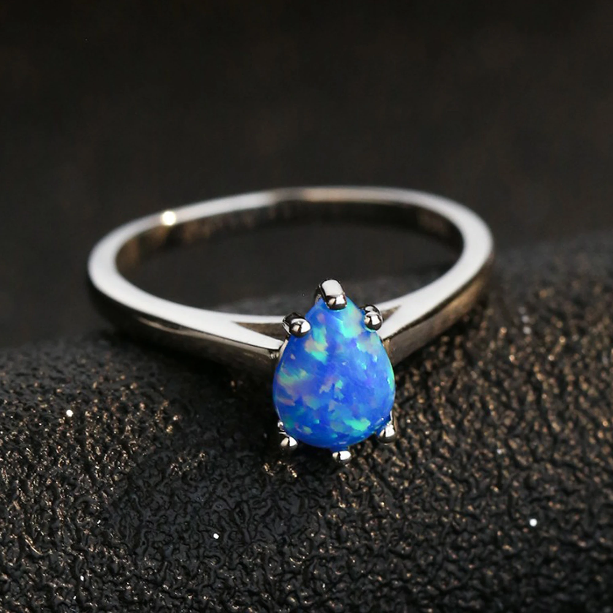 Wholesale customized women 925 sterling silver synthetic drop opal stone ring wedding engagement blue black opal ring