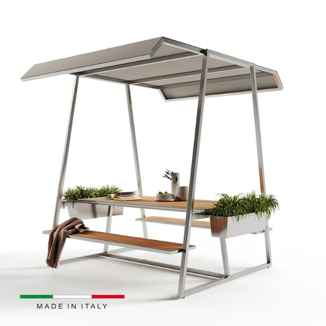 Garden Outdoor benches with table Made in Italy Design in resistant materials with Japanese-designed canopy