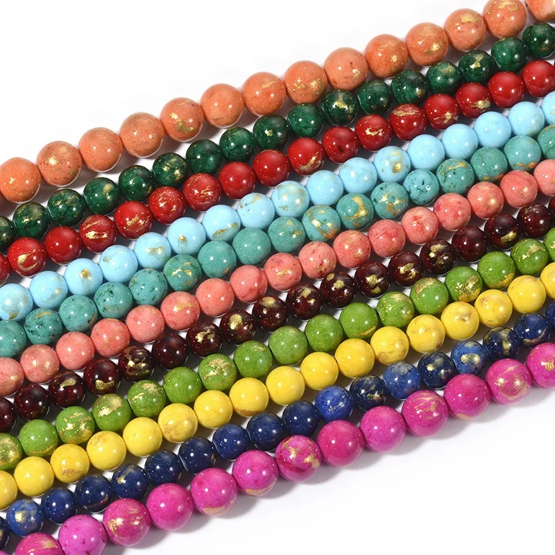 Cliobeads wholesale natural stone 6mm 8mm Gold Foil Dyed Jade Round Gemstone loose Beads For Jewelry Making