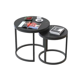 Modern living room luxury stainless steel legs round two wooden nesting center coffee table set