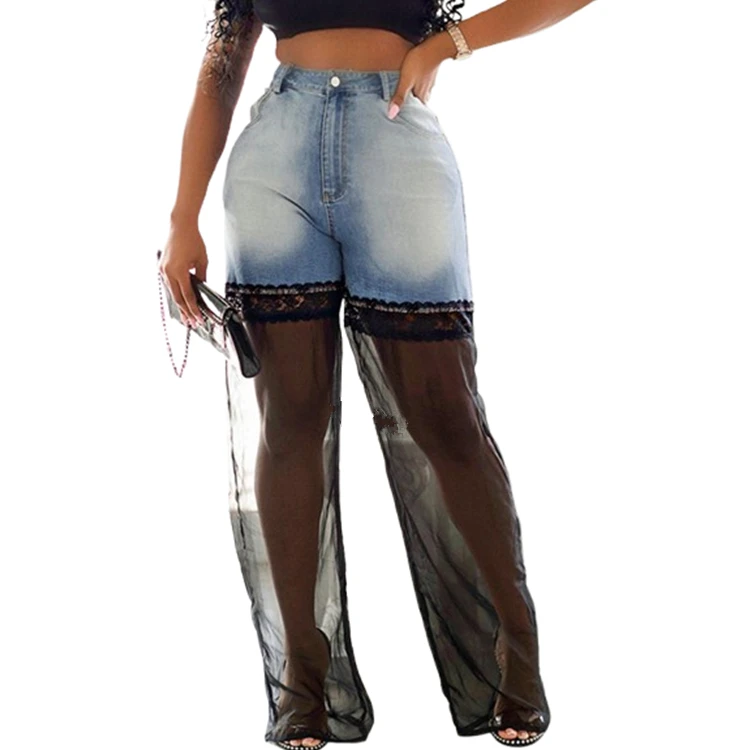 2024 Fashion new arrivals contrast Patchwork Mesh washed Denim women jeans