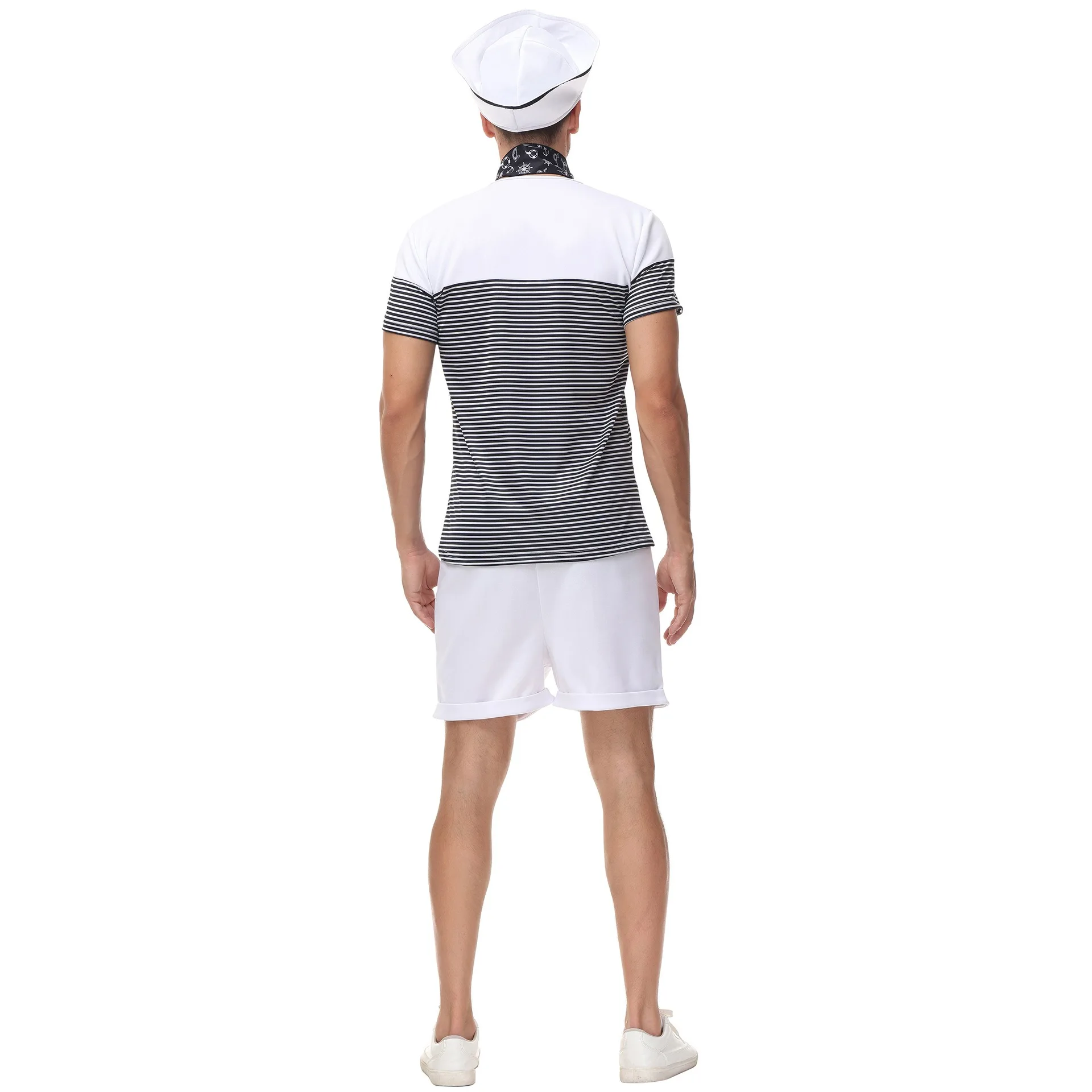 Adult Sailor Set with Black Stripes White Top Shorts Scarf White Sailor Hat Dress Costume