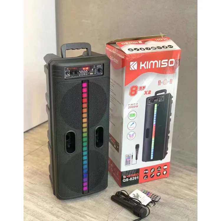 QS-8201 Factory Wholesale Wireless Portable Speaker KIMISO Double 8inch Horn Speaker Big TWS Multi Function Speaker With Remote