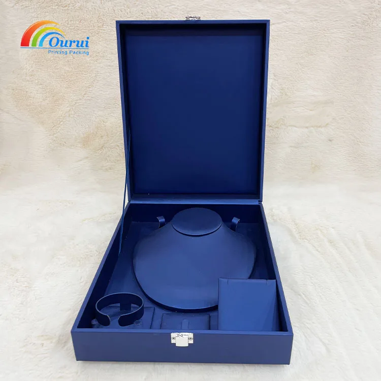OEM new design luxury high quality brushed leather box hot sale custom logo blue pu leather box ring necklace bangle boxes set