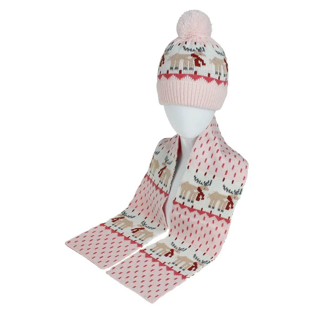 Children Boys and Girls Winter Warm Hat and Scarf Suit Kids Carton Jacquard Pom Pom Beanie and Scarf Set