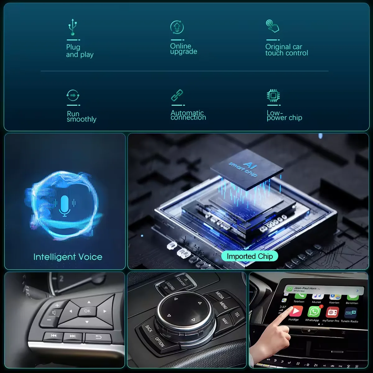 2024 Wireless Carplay Android Auto 2 in 1 Fit Adapter For Aftermarket Android Screen Car Plug and Play