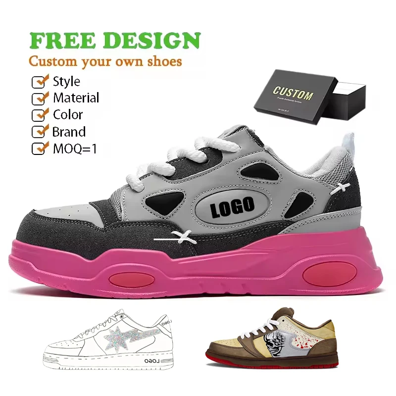 2024 New Designer Shoes Women Custom Logo Height Increasing Walking Style Leather Chunky Skateboard Shoes for Men