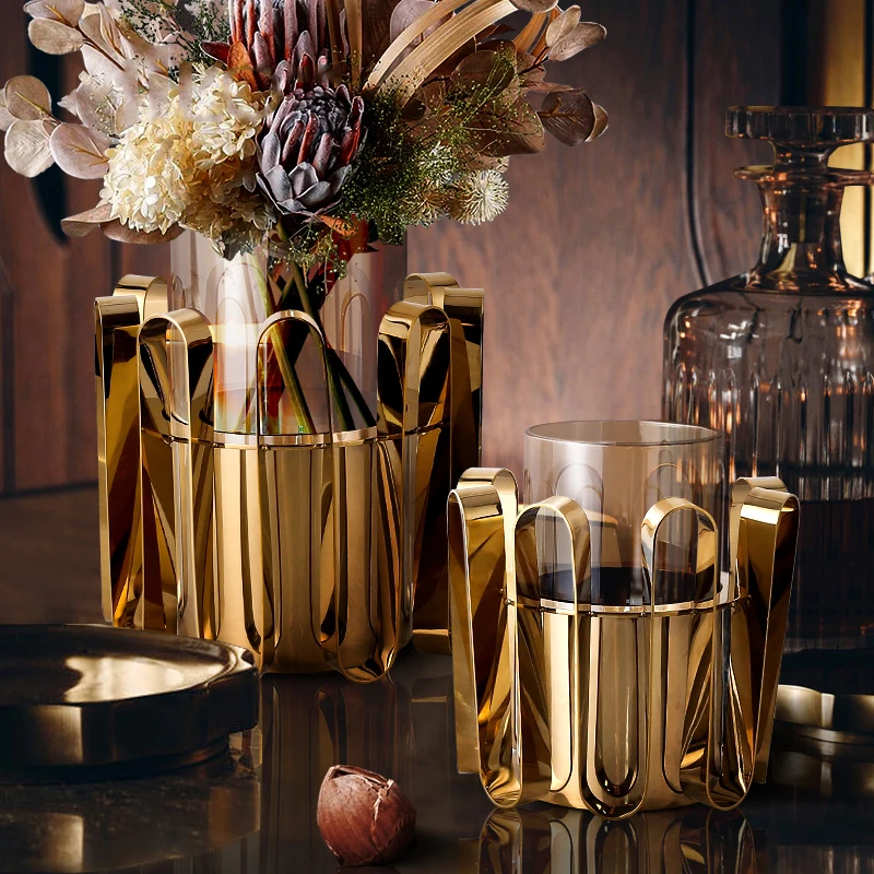 Light Luxury Skirt Accessories Home Decorative Stainless Steel Tray Gold Flower Pot Metal Edge Vase