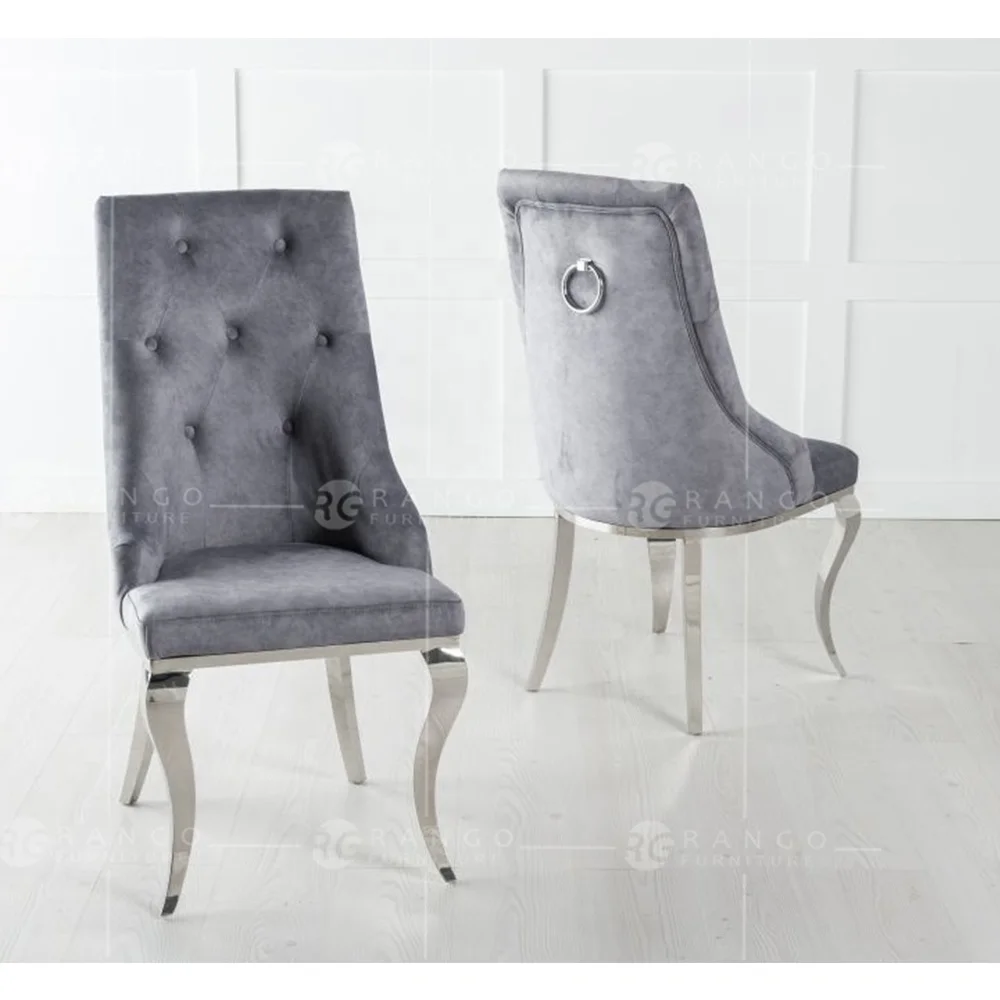 2022 Luxury dining chairs Grey Velvet Knockerback Ring Dining Chair With Chrome