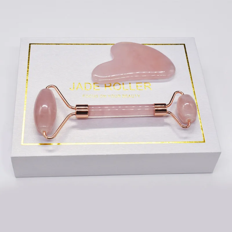 Factory Price Pink Crystal Roller Jade Massager Pink Crystal Heart-Shaped Scraper Face Film Brush 3-Piece Gift Set
