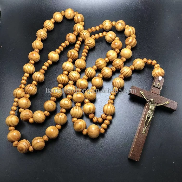 Giant Big Beads Rosario Natural Wood bead Chain Jesus Cross faux olive wood bead oversized Wall rosary
