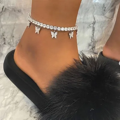 New Hot Body Jewelry Woman Shinny Diamond Fashion Tennis Bling Link Anklet Wholesale Cuban Chain Butterfly Cuban Anklet