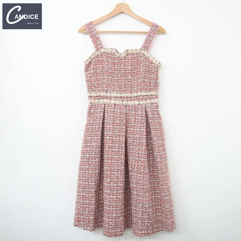 Candice Korean style high quality elegant beaded pearl tweed coat pink long sleeve 2 piece set women dress