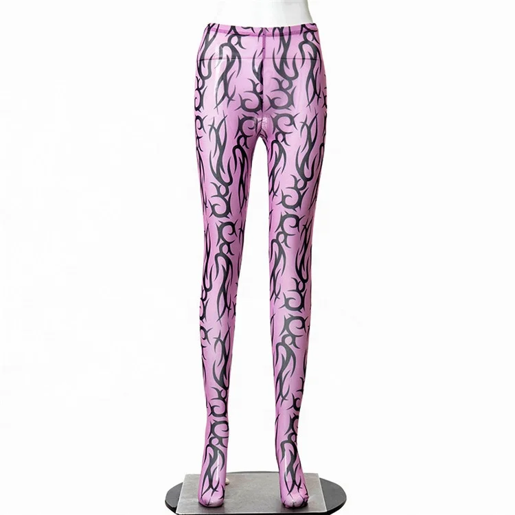 New Arrival High Waist Soft Mesh Thorns Print Wrap Foot Women Workout Skinny Sexy Long Leggings