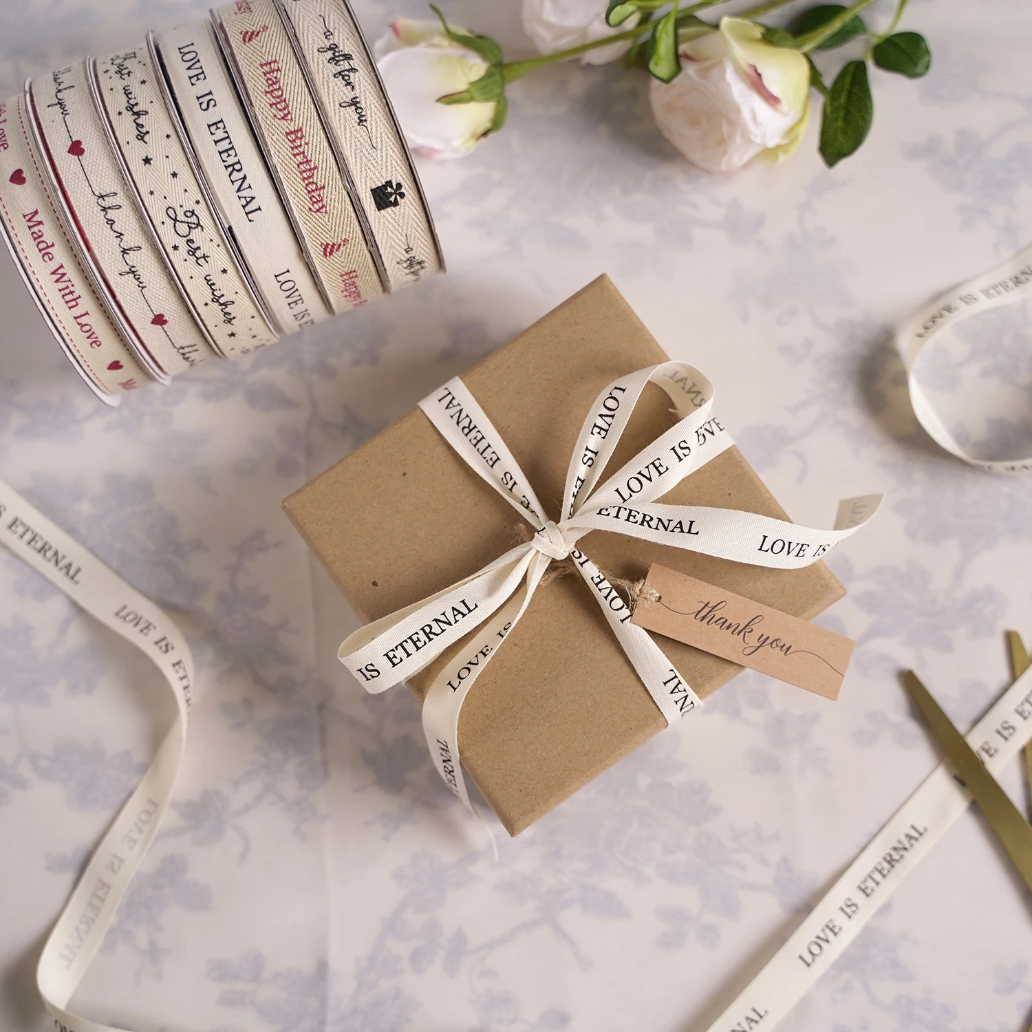 Wholesale Custom Logo Personalised Box Wrapping Decoration Natural Herringbone Cotton Ink Printed Ribbon for Gift Flower