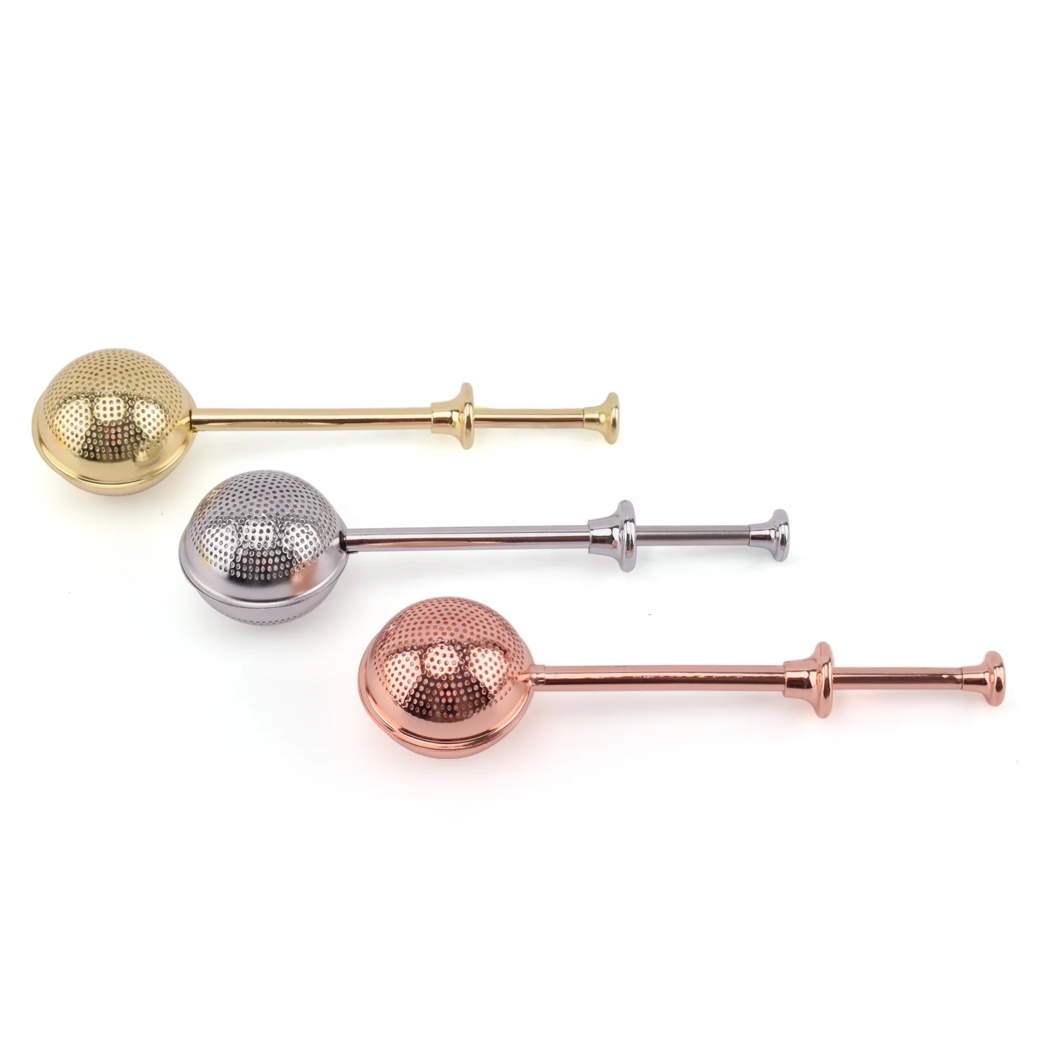 Top Quality Multi Color Ball Shape Spoon Tea Infuser With Pushing Handle