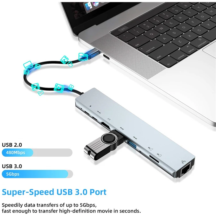 
8-in-1 Usb 3.1 Type-c Hub To 4k Hd Ml Usb-c Adapter For Macbook Pro 